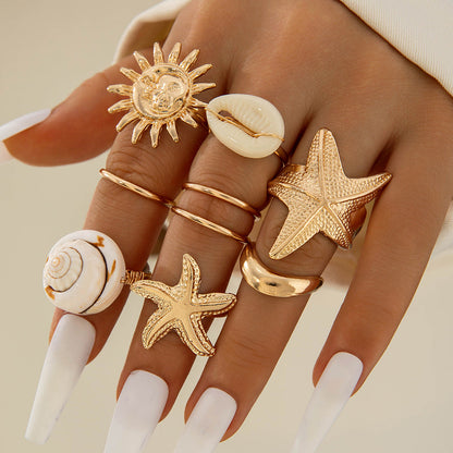 Bohemian Pearl Flower Ring Set Alloy Plating Metal Rings