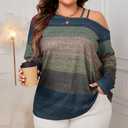 Off-Shoulder Loose Long Sleeve Shirt Color Block Top