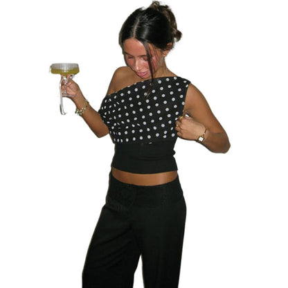 Retro Polka Dot Crop Top Sexy One-Shoulder Blouse