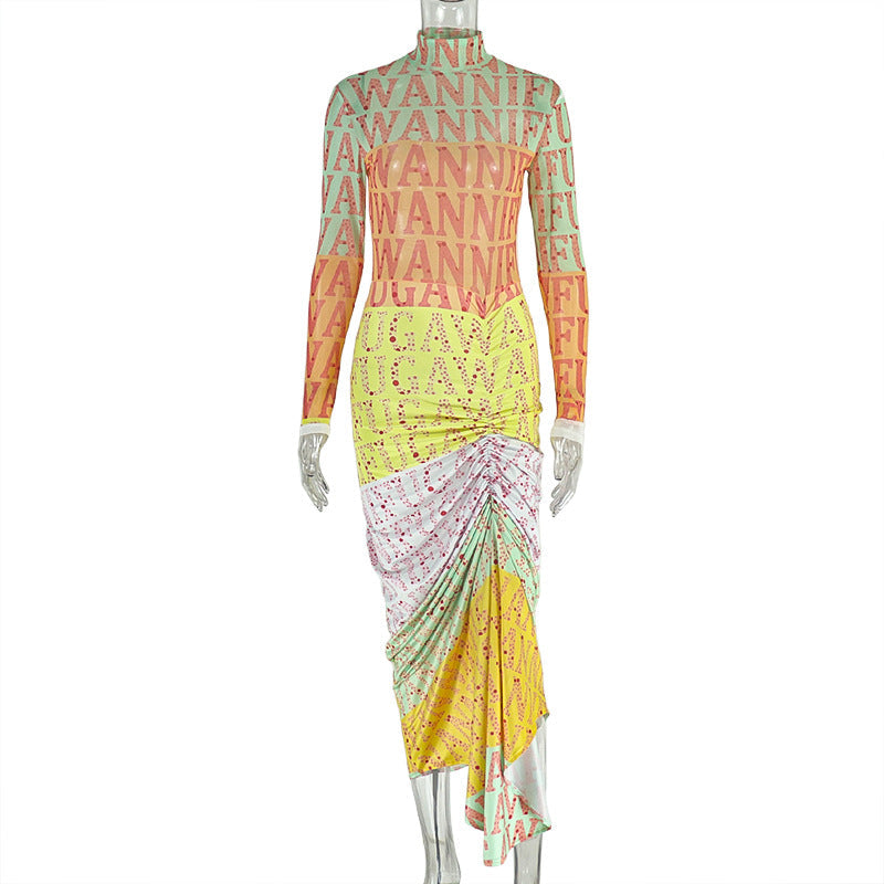 Elegant Printed Bodycon Dress With High Neck Long Sleeves