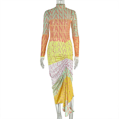 Elegant Printed Bodycon Dress With High Neck Long Sleeves