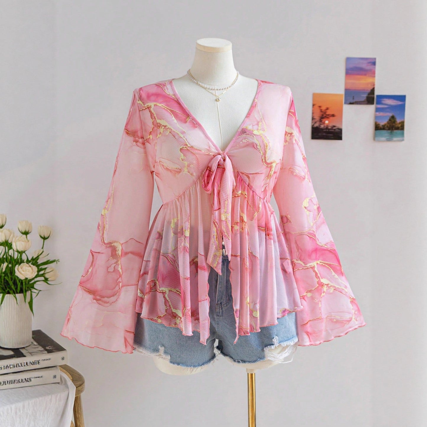 V-Neck Floral Mesh Top with Bell Sleeves