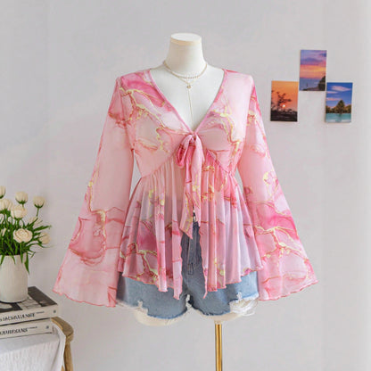 V-Neck Floral Mesh Top with Bell Sleeves