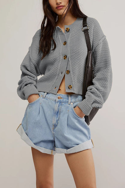 Solid Color Loose Button Knit Crdigan