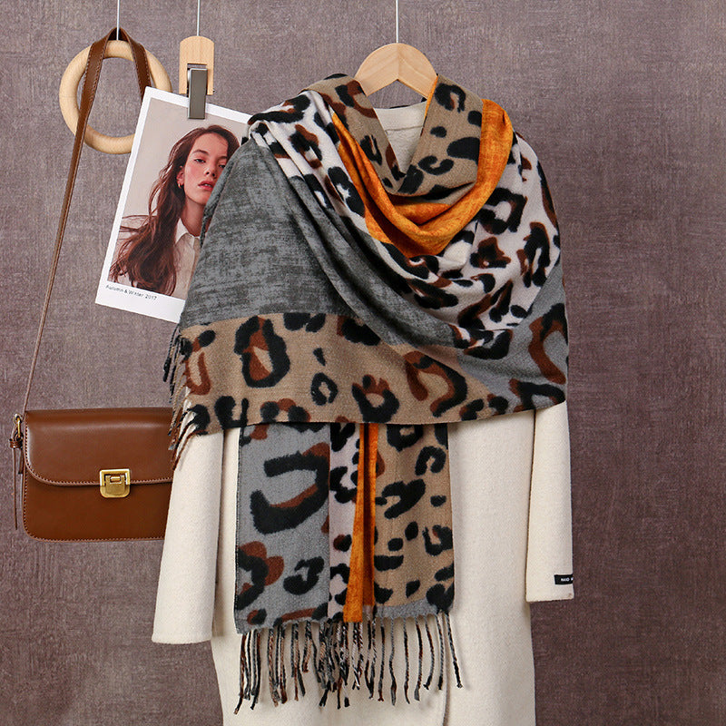 Sscarvii - Leopard Patchwork Tassel Winter Scarf