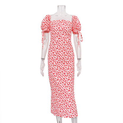French Floral Puff Sleeve Midi Dress