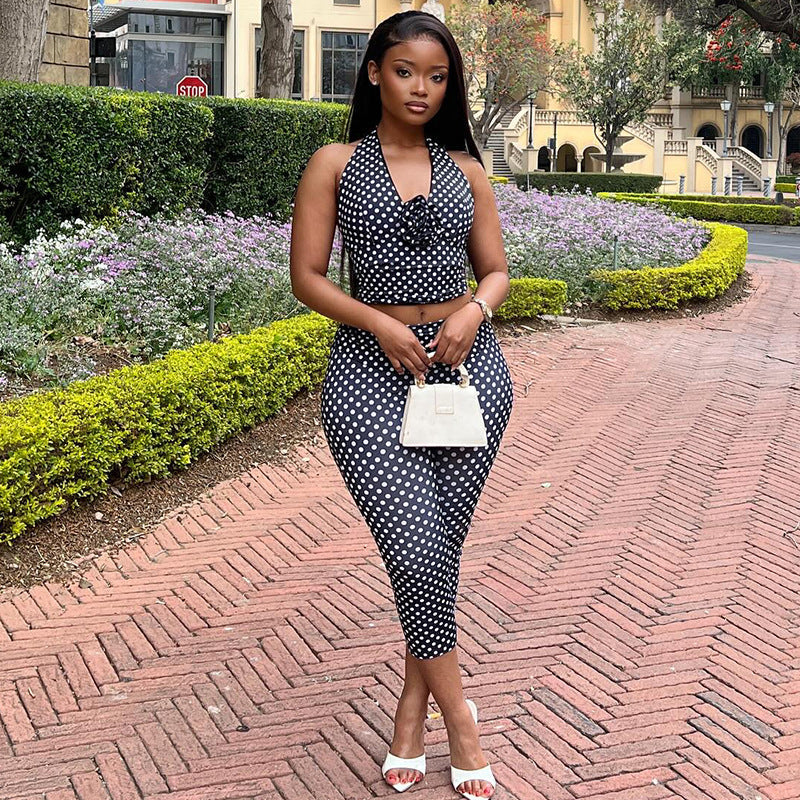 Polka Dot Print Two-Piece Set With Halter Neck Top And Skinny Pants