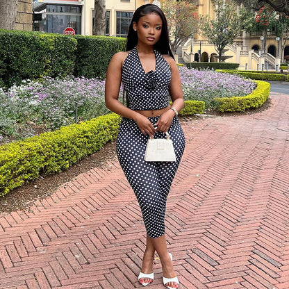 Polka Dot Print Two-Piece Set With Halter Neck Top And Skinny Pants