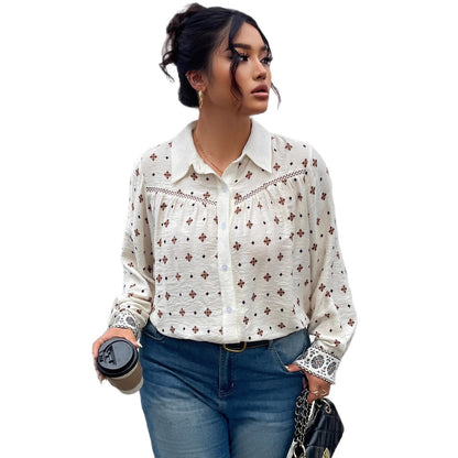 Chic Women's Blouse With Floral Print And Lace Detail