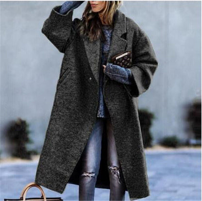 Classic Long Solid Color Wool Blend Coat For Women