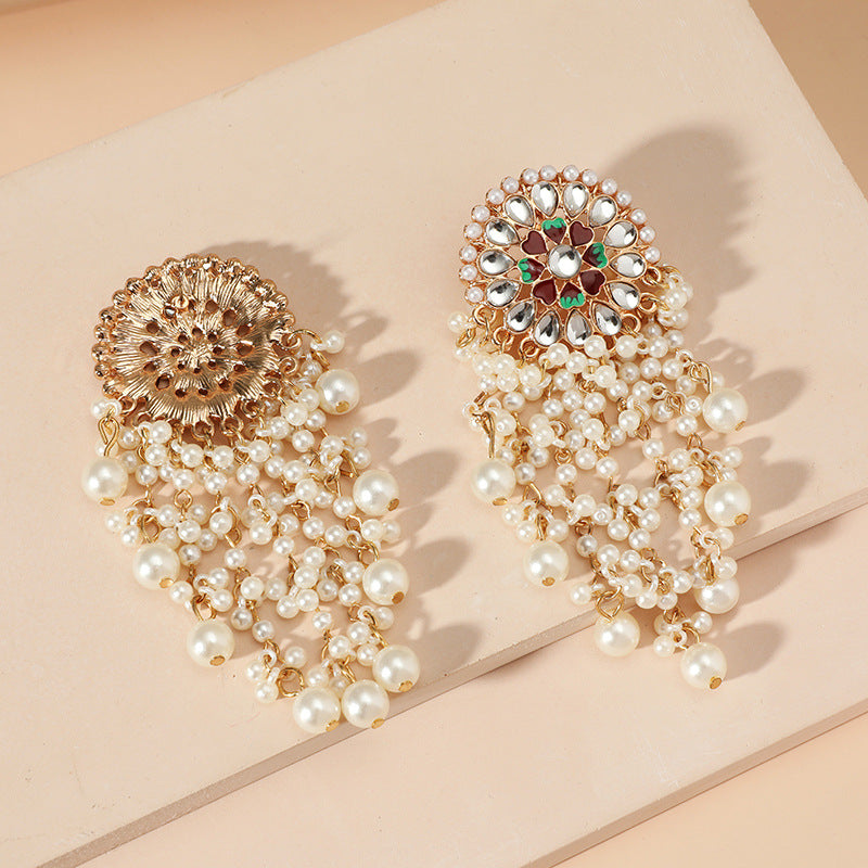 Fashion Retro Exotic Ethnic Style Exaggerated Earrings Palace Style Diamond Pearl Tassel Earrings
