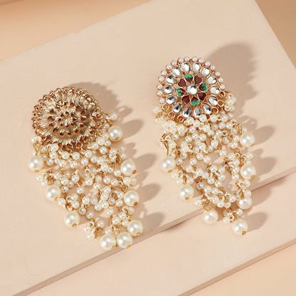 Fashion Retro Exotic Ethnic Style Exaggerated Earrings Palace Style Diamond Pearl Tassel Earrings