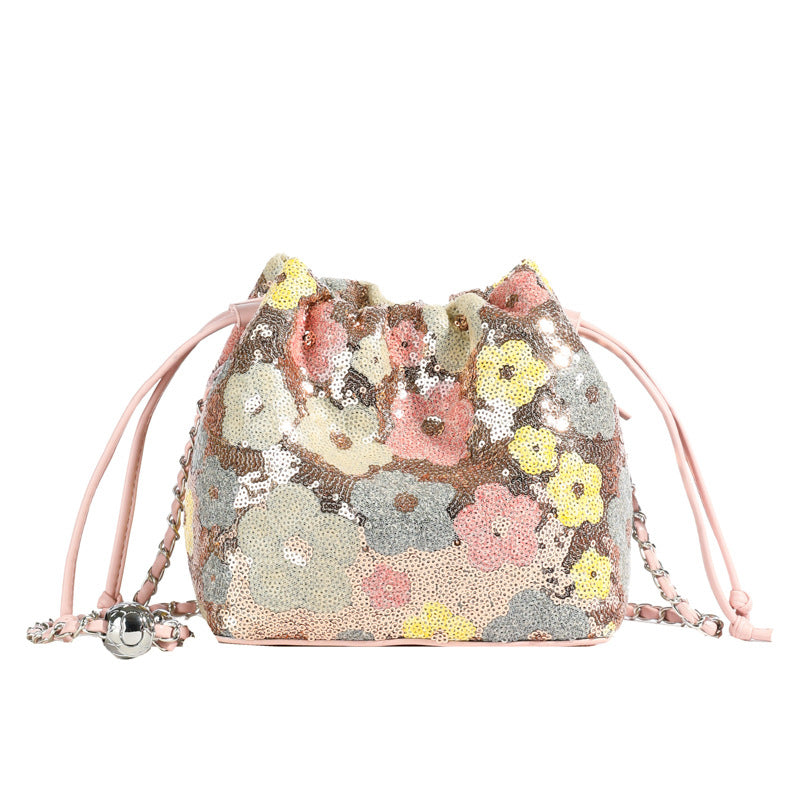 Elegant Floral Embroidered Sequin Mesh Color Block Bucket Bag