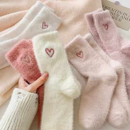 Cute Heart Embroidery Fuzzy Plush Socks