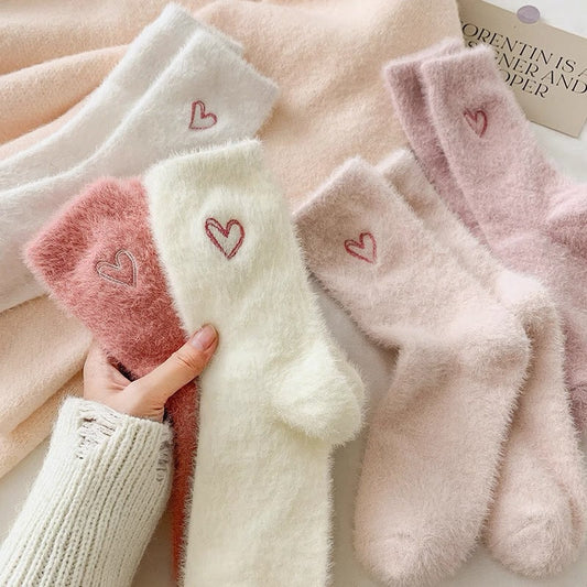 Cute Heart Embroidery Fuzzy Plush Socks