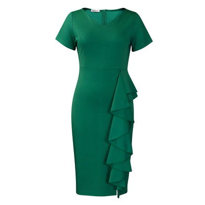 Elegant Solid Color Bodycon Dress With Ruffle Hem