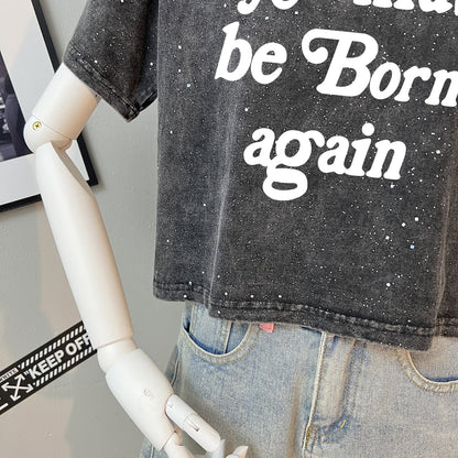 Teesher - Cropped Black Star &amp; Letter Print T-Shirt