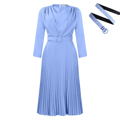Elegant A-Line Midi Dress With Belt - Office Casualwear