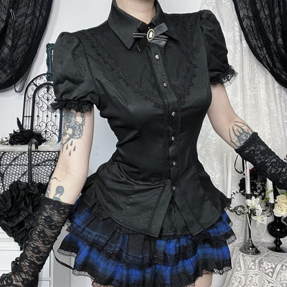 Vintage Lace Trim Black Shirt for Street Style