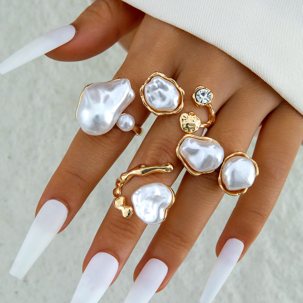 Stylish Geometric Pearl Ring Set Alloy Adjustable Fashion Ring
