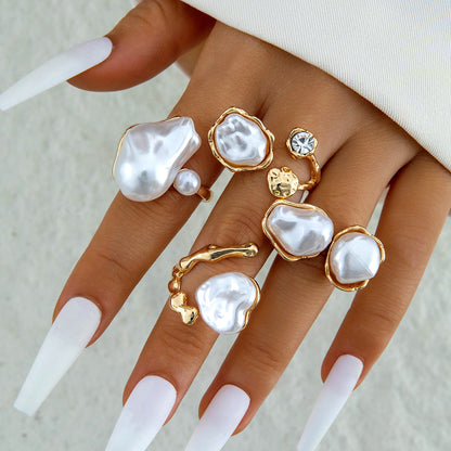 Stylish Geometric Pearl Ring Set Alloy Adjustable Fashion Ring