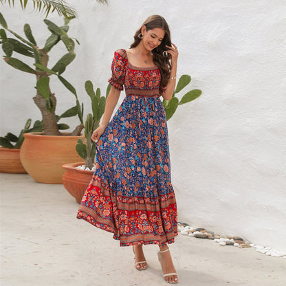 Bohemian Beach Resort Dress One Shoulder Puff Sleeve Midi Dress