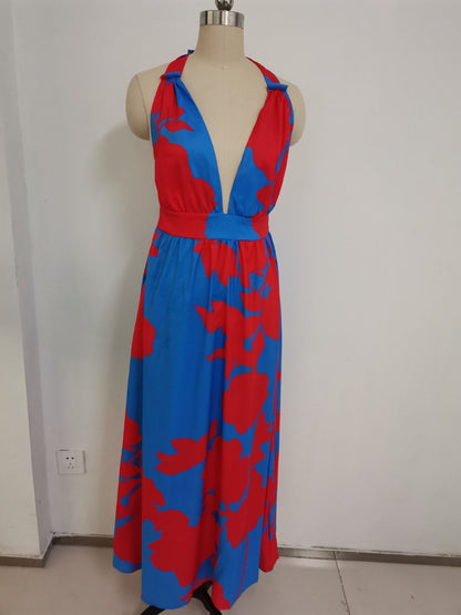 Summer Bohemian Printed V-Neck Suspender Sleeveless Dress Mp-683