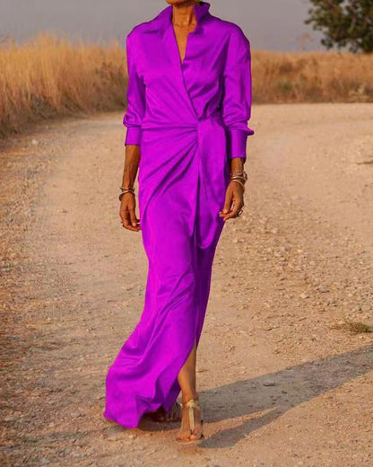 Women'S Tie-Up High-Rise Split Mop Dress With Long Sleeves And Lapels Sexy Dress
