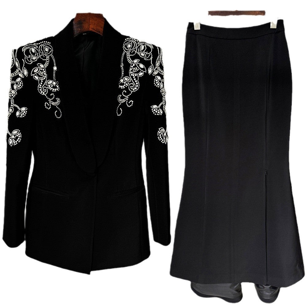Glam Rhinestone Suit Jacket With Fish Tail Long Skirt