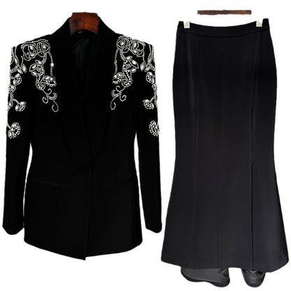 Glam Rhinestone Suit Jacket With Fish Tail Long Skirt