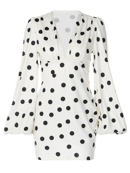 Fashion Polka Dot Printed Deep V Bodycon Dress with Bell Sleeves