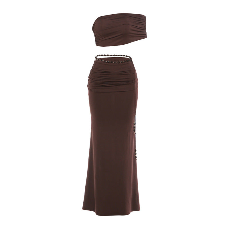 Sexy Crop Top And Bodycon Skirt Set With Ruching