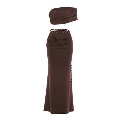 Sexy Crop Top And Bodycon Skirt Set With Ruching