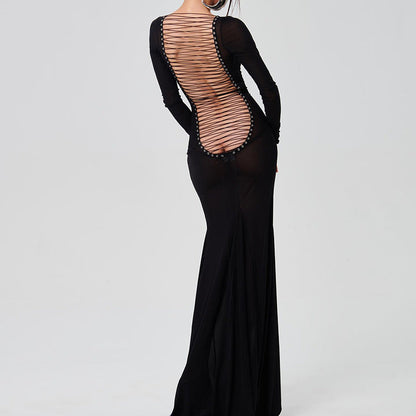 Fashionable Trendy Long Sleeve Sheer Backless Maxi Dress