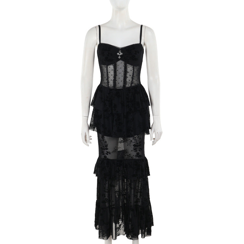 Elegant Black Sheer Maxi Dress with Spaghetti Straps