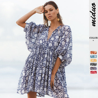 Floral Print Casual Dress with Tie Waist and Half Placket