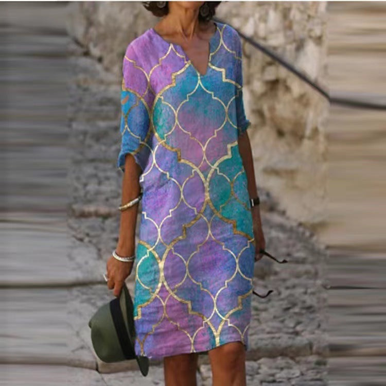 Abstract Print V-Neck A-Line Dress Comfortable Casual Fashion