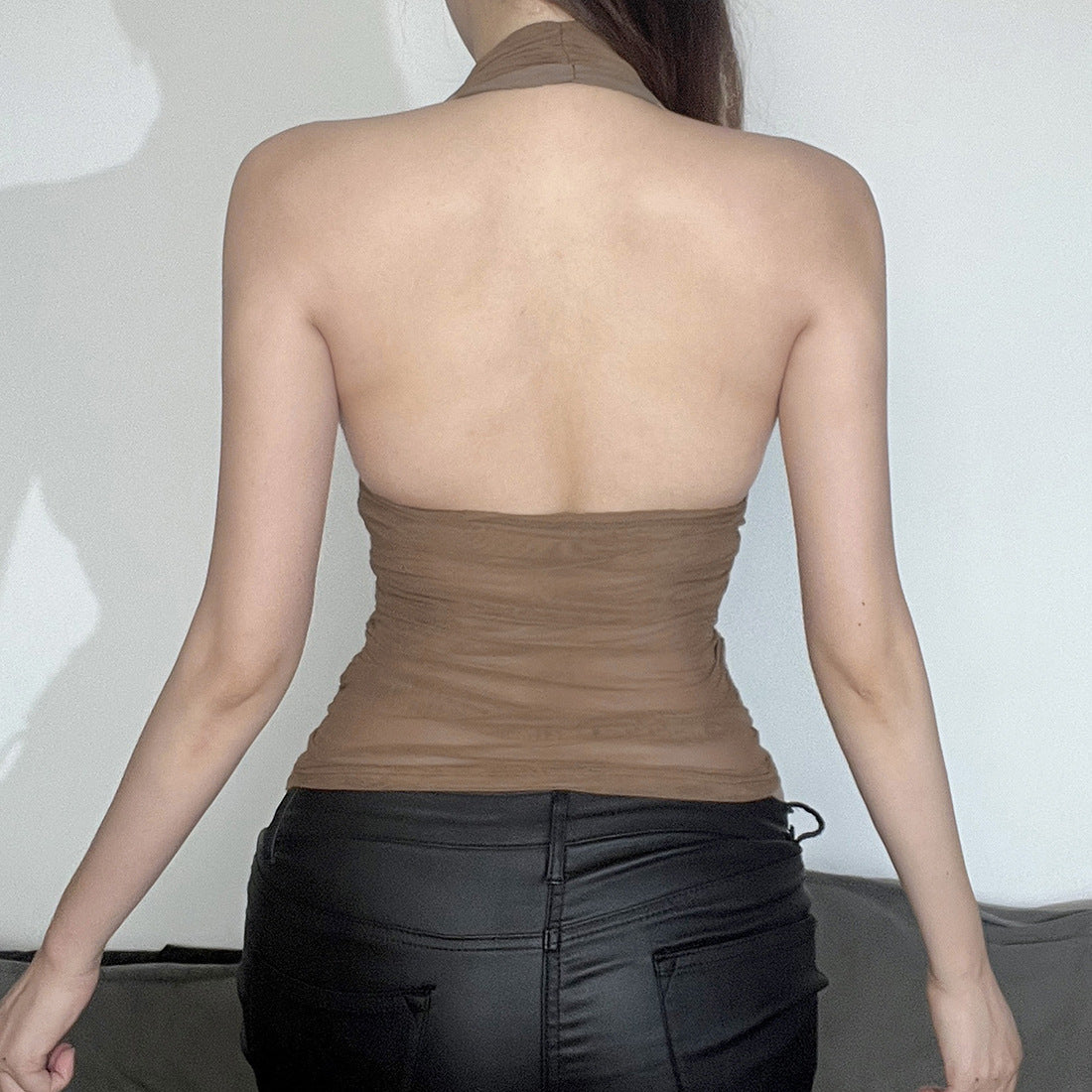 Sexy V-Neck Halter Crop Top With Sheer Ruffle