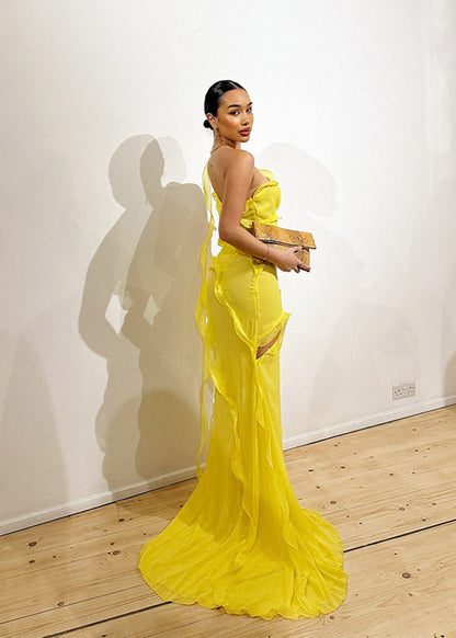 One Shoulder Ruffle Slit Chiffon Gown Yellow