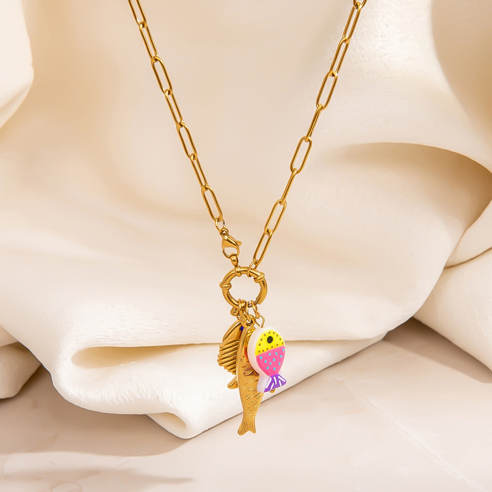 Stylish Fish Pendant Stainless Steel Necklace with 18K Gold Plating