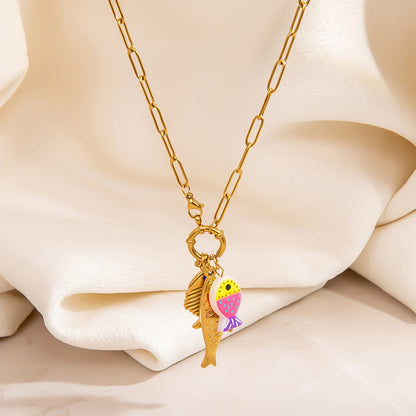 Stylish Fish Pendant Stainless Steel Necklace with 18K Gold Plating