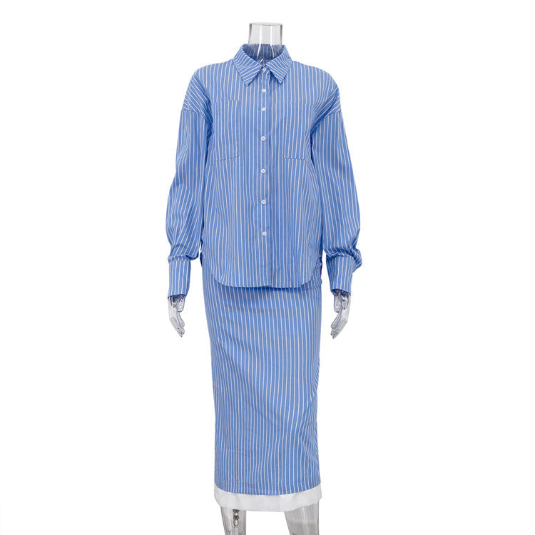 Striped Color Block Midi Skirt Set With Long Sleeve Shirt