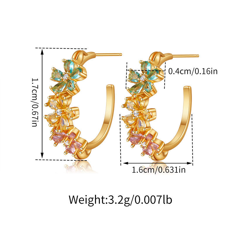 Flower Zircon Delicate C-Shaped Stud Earrings