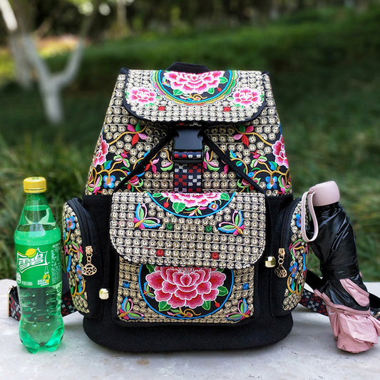 New Embroidery Bag Ethnic Style Bag Women'S Large Capacity Canvas Backpack Travel Bag Fabric Art