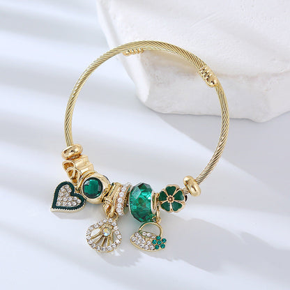 Adjustable Heart-Shaped Alloy Bracelet with Rhinestones