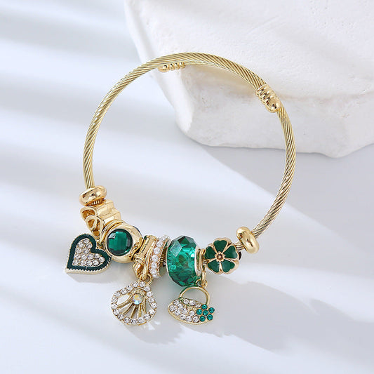 Adjustable Heart-Shaped Alloy Bracelet with Rhinestones