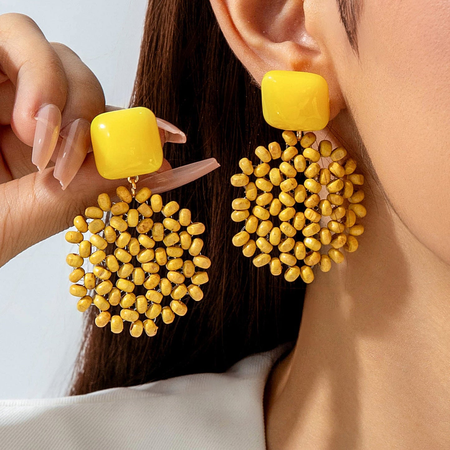 Handmade Woven Raffia Vacation Earrings Floral Design
