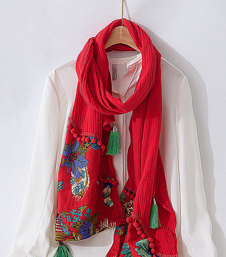 Spring And Autumn Cotton And Hemp Red Scarf Retro Winter Versatile Art Shawl