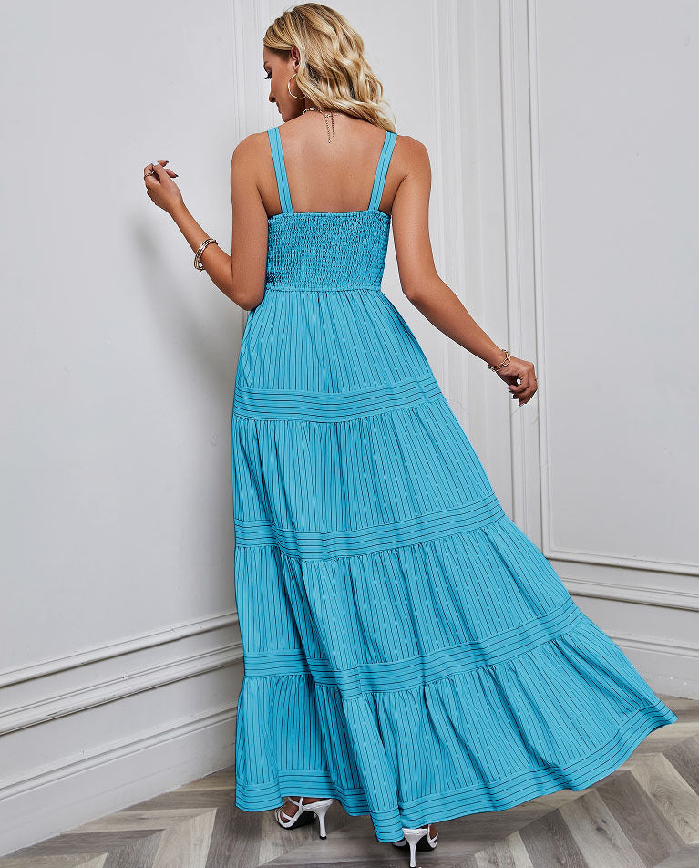 Solid Color Striped Spaghetti Long Dress