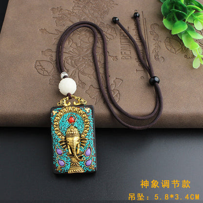 Vintage Ebony Nepal Pendant Fortune Transfer Necklace Long Versatile Ethnic Style Peace Card Pendant Necklace